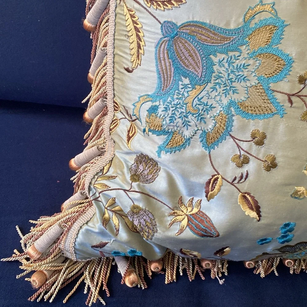 NWT Z Gallerie Silk Velvet Embroidered Throw Pillow 24x24 Blue Floral Fringe